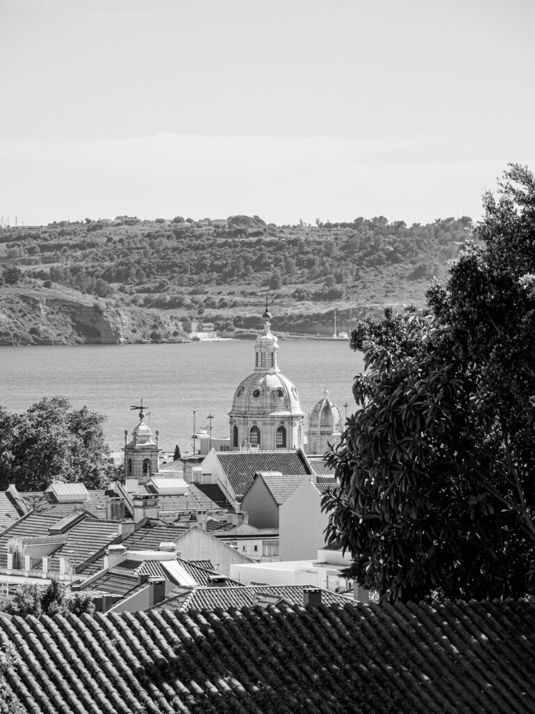 A picturesque black and white view of a historical town by the water with prominent architecture.